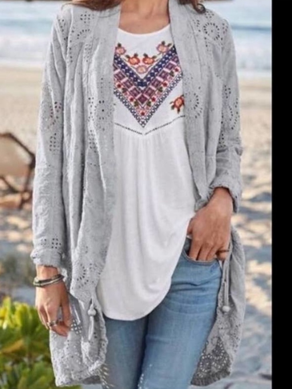 Sundance Moonlight Eyelet Duster Cardigan Jacket S 100% Cotton